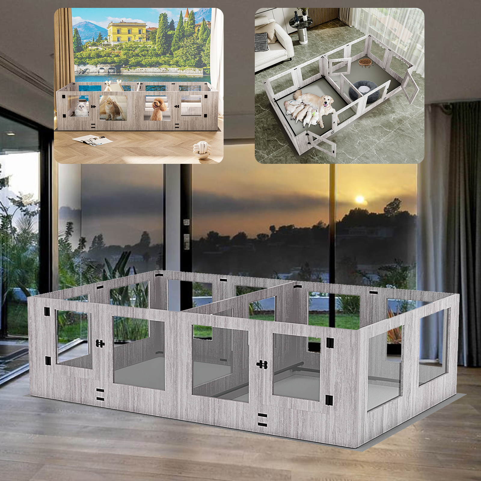 XXXL Large Tempered Glass Pet Whelping Playpen Dog Pen Box with Protective Ledge