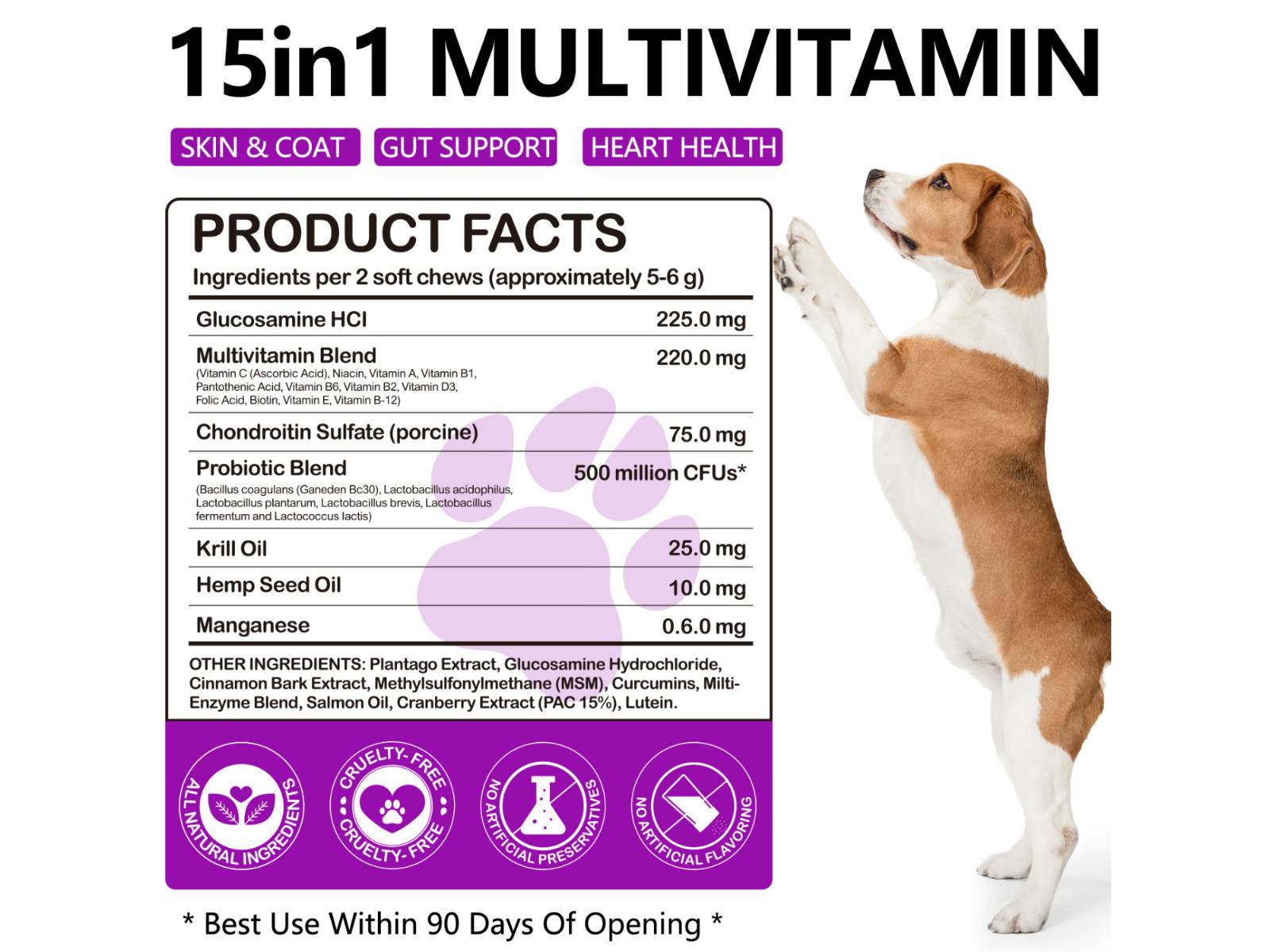 15 in 1 Dog Multivitamins and Supplements for Hip + Joint + Skin + Coat, 30CT