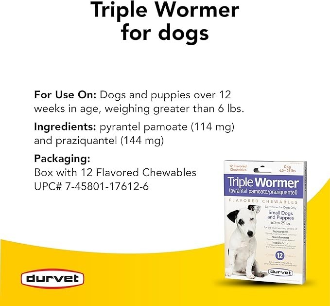 DURVET 12 flavored – chewables Triple Wormer Tablets for Small Dogs & Puppies