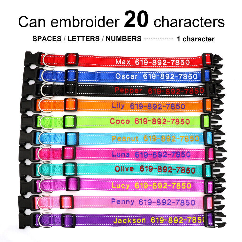 Personalized Dog Collar – Embroidered Reflective Nylon with ID, Name & Phone US