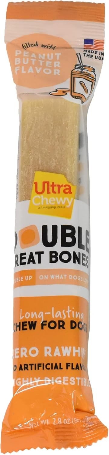Peanut Butter Double Treat Bones: Long-Lasting Dog Treats Made in USA for Large