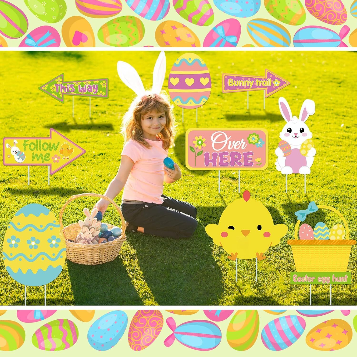 9 Pcs Easter Yard Signs Decorations Egg Hunt as shown in pictures
