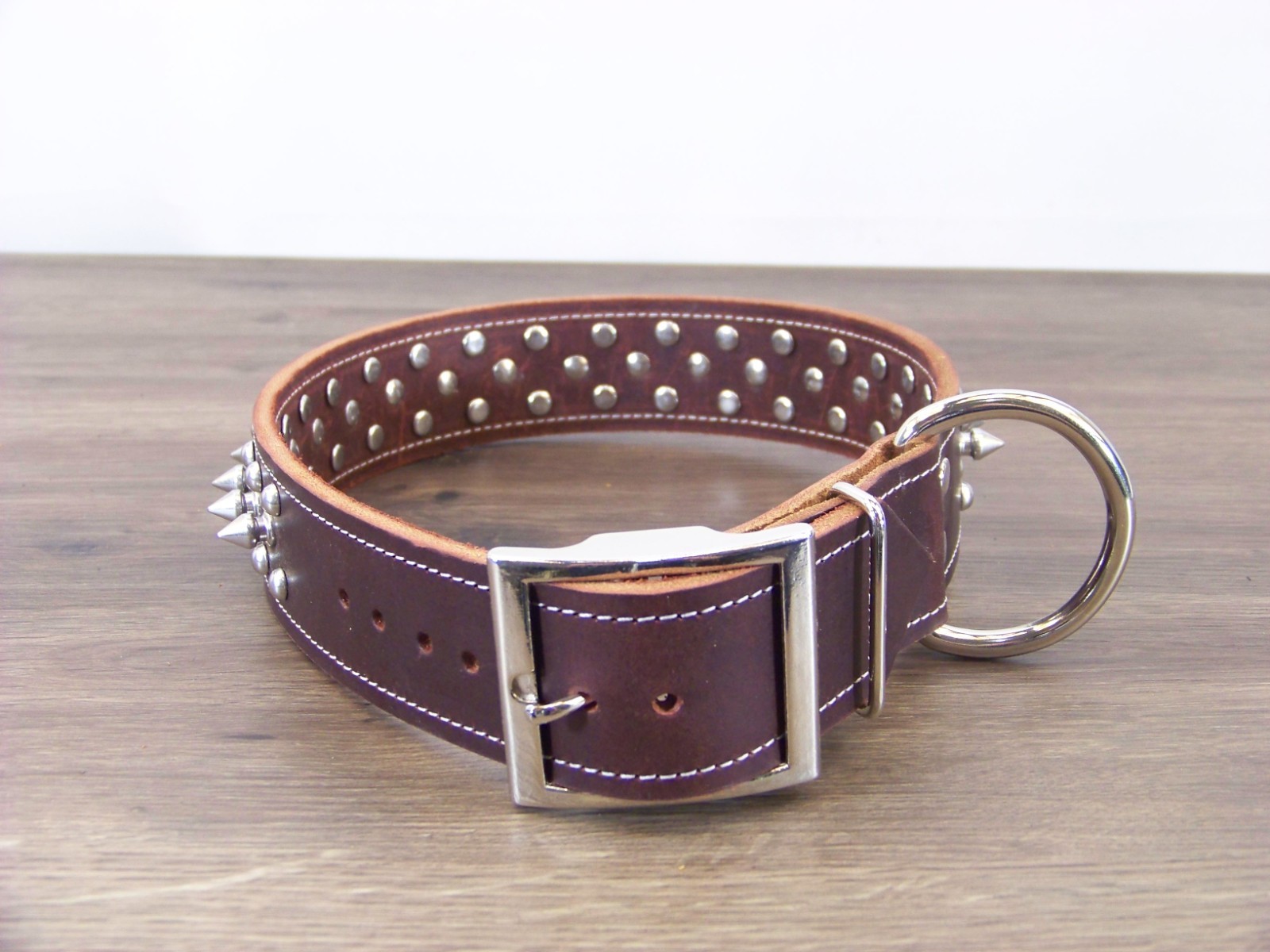 1 – 1/2″ Wide Top Quality Leather Dog Collar W/ Spikes & Domes Made In USA