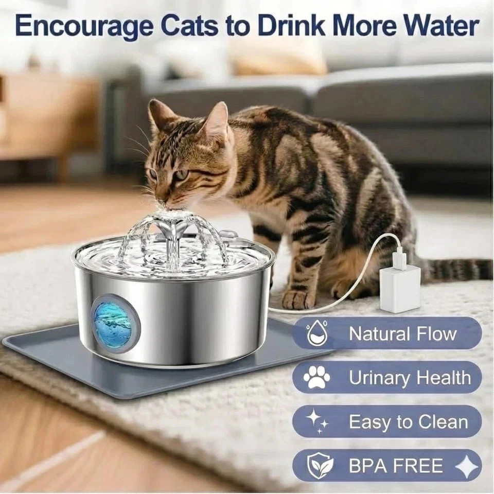 Stainless Steel Cat Water Fountain 3.2L Pet Drinking Fountain Dispenser for Cats