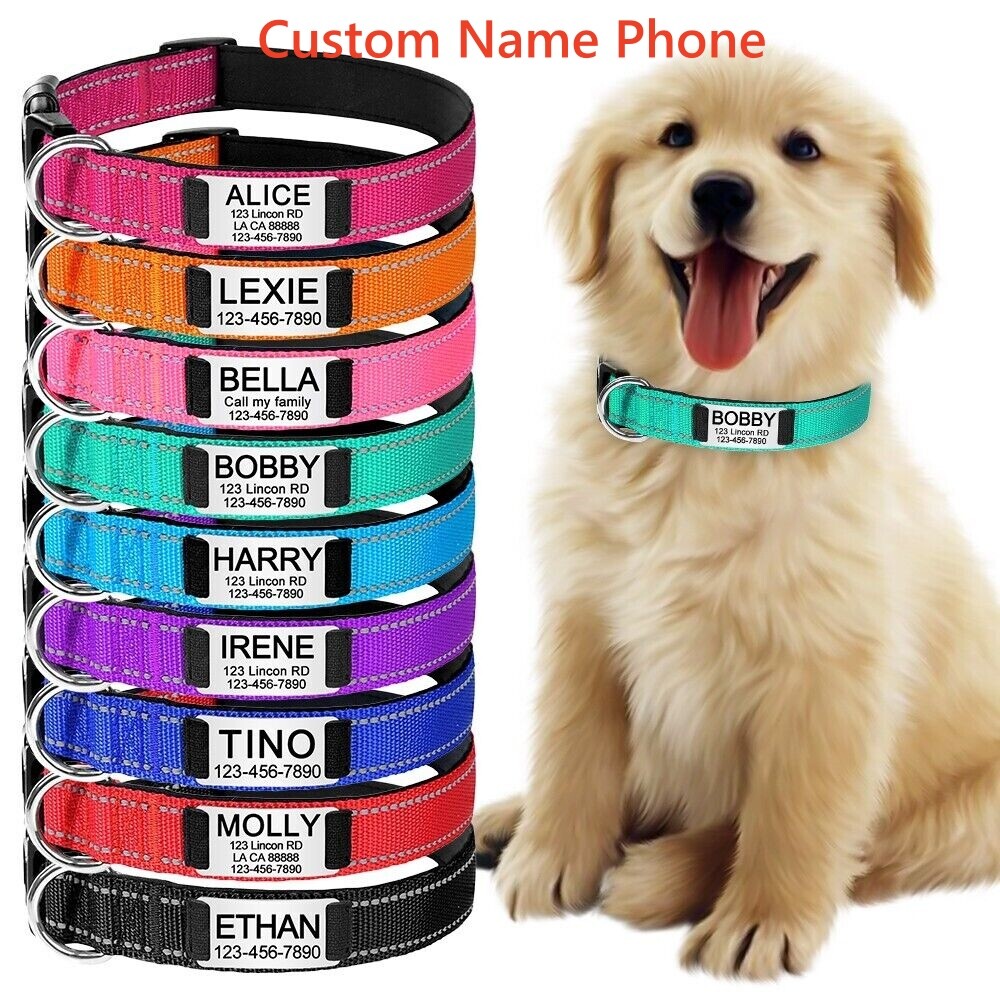 Reflective Nylon Dog Collar Custom Personalized Pet Name ID Tag Adjustable XS-XL