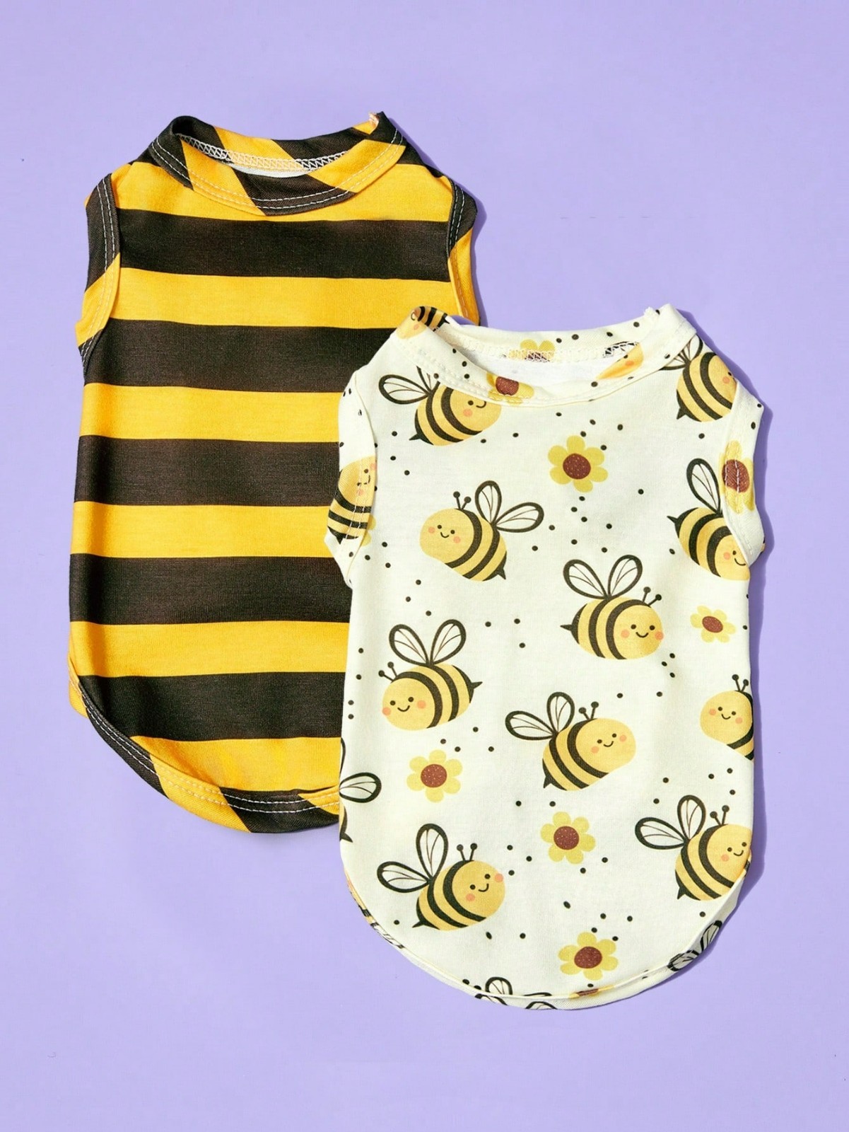 2PCS Pet Cat Dog Unisex Striped Yellow Cute Bee Printed Shirt Costume Breathable