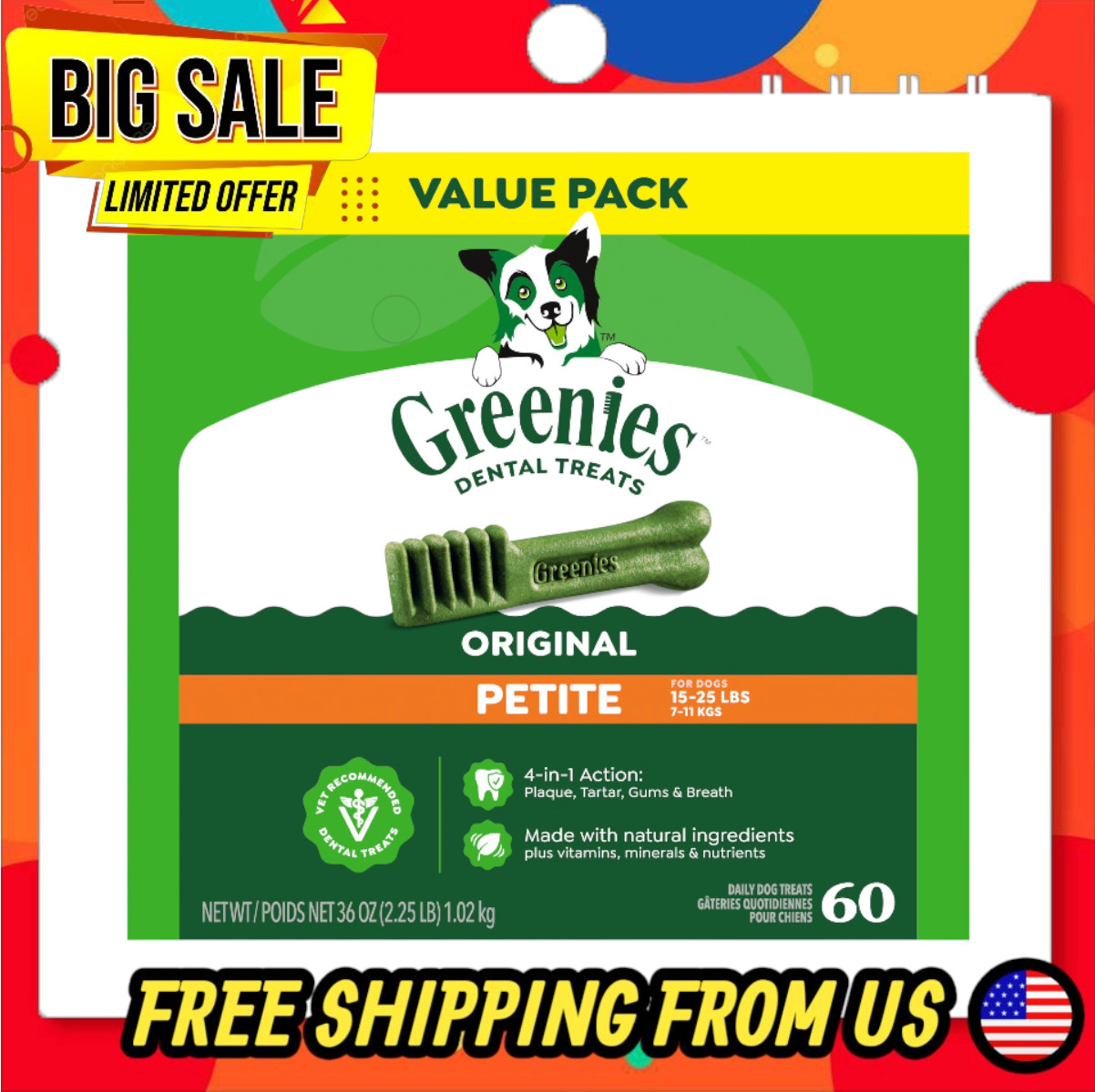 Greenies Original Petite Dental Dog Treats for Adult Dogs, 36 oz Bag, 60 Count