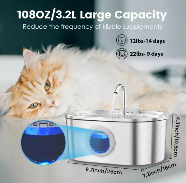Stainless Steel Cat Water Fountain 3.2L Pet Drinking Fountain Dispenser for Cats