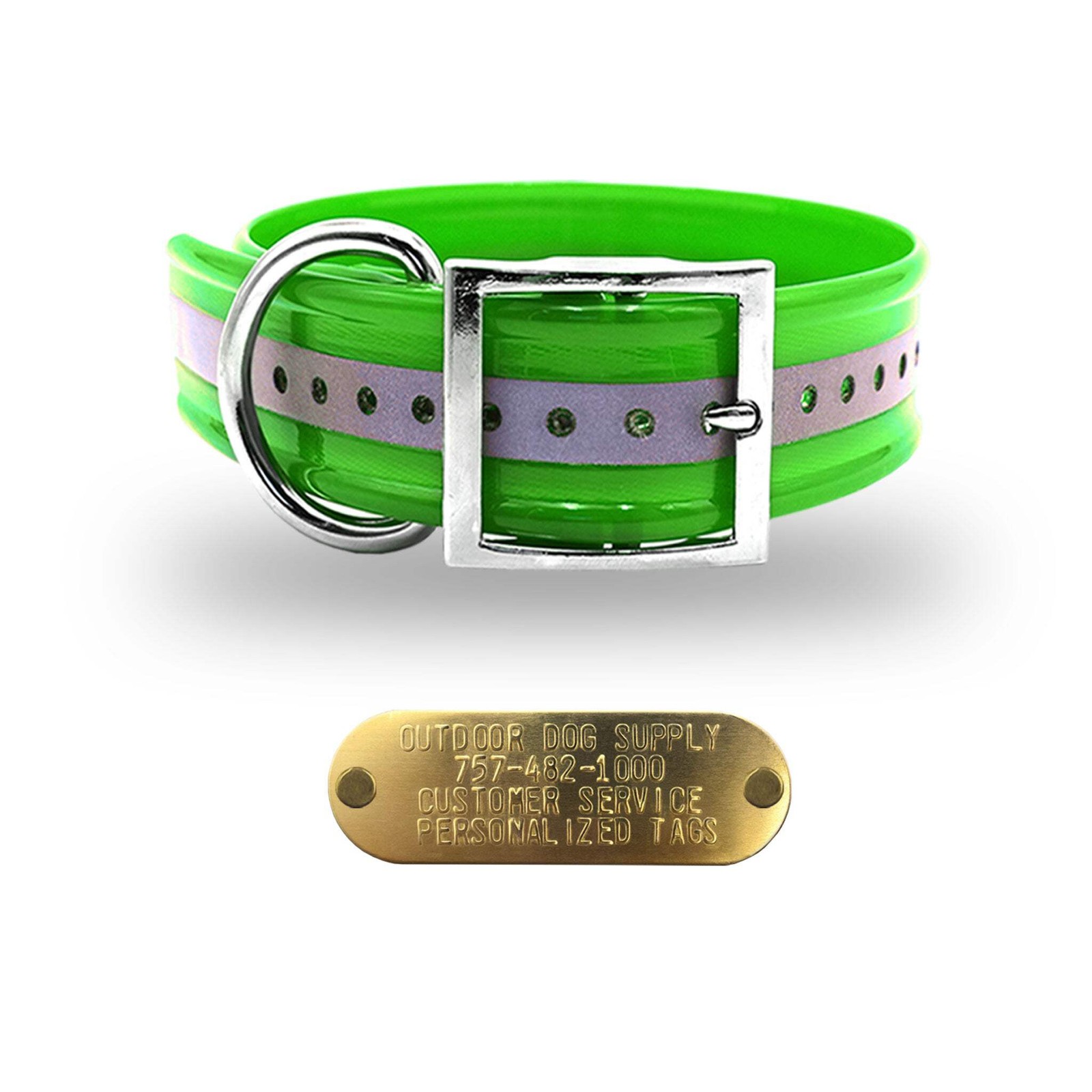 1 1/2″ Reflective Premium Glow Tuff D Ring Large Dog Collar with 1″ Brass Name P