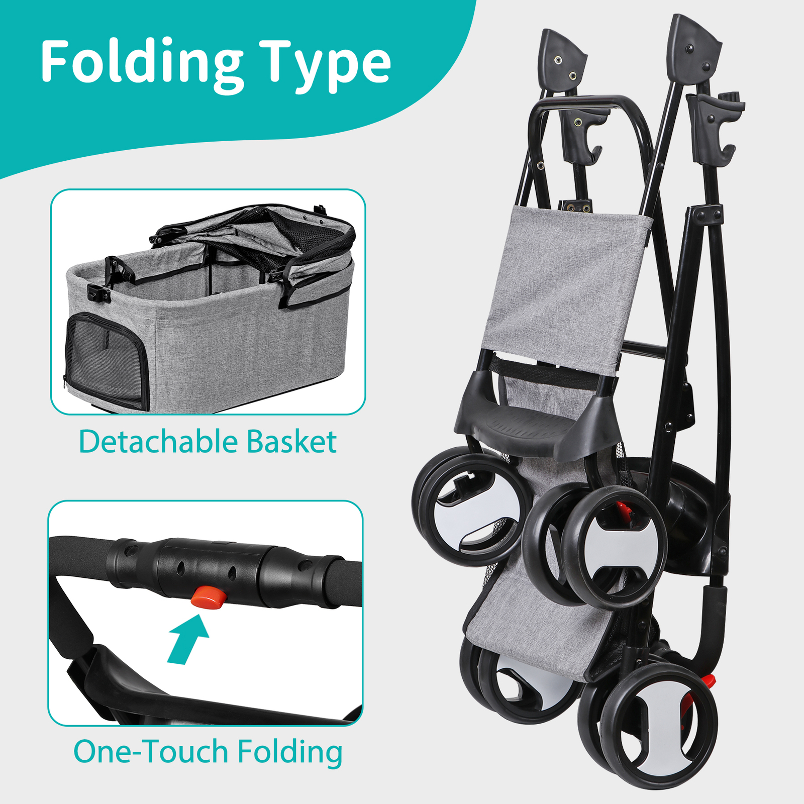3 in 1 Folding Dog Stroller Pet Stroller for Medium Dog w/Removable Carrier Gray