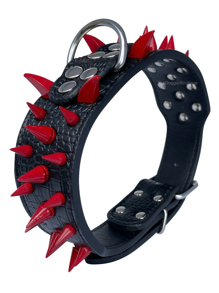 Dog Collar Sharp Red Spikes Spike Adjustable Rivet PU Leather 2″ wide S M L XL