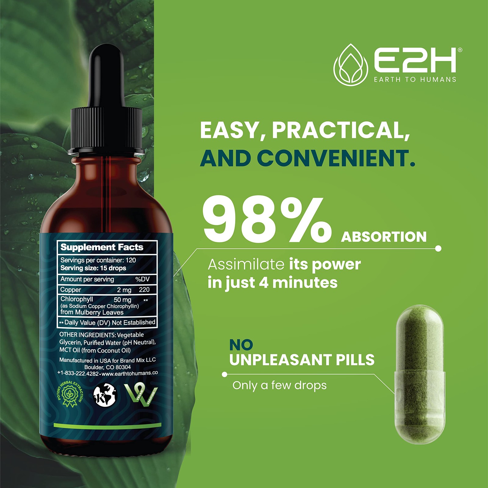 E2H Chlorophyll Liquid Drops – Natural Energy, Immune Support, Digestion, Skin