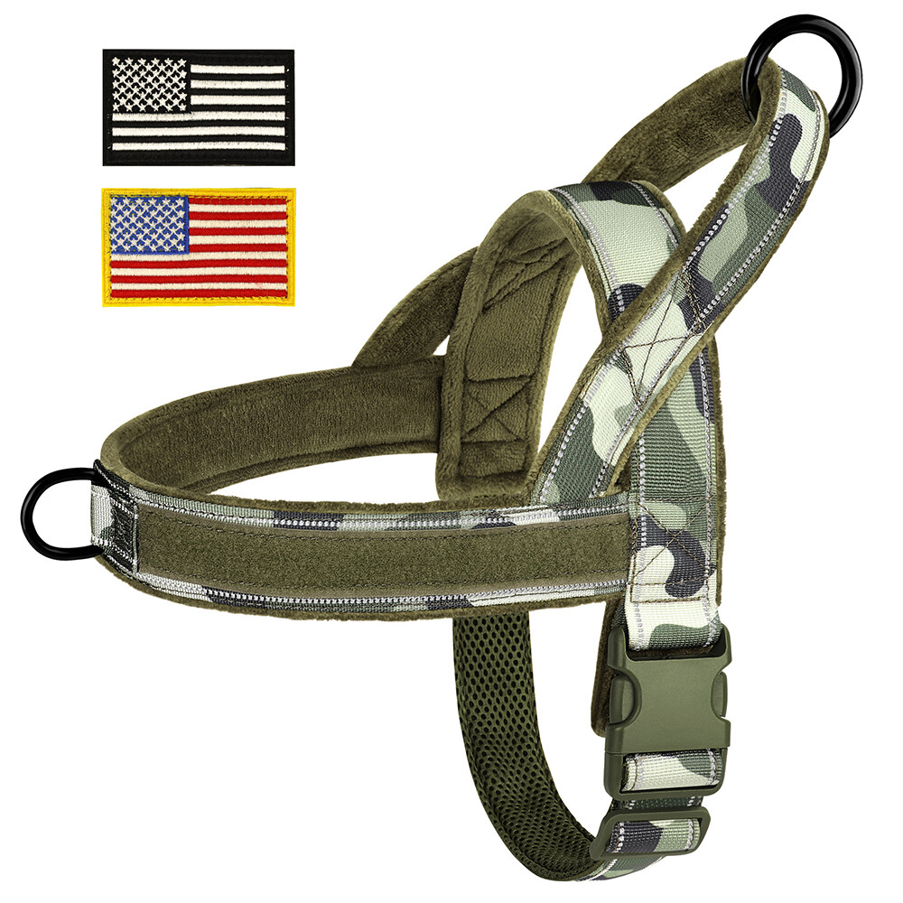 Tactical No Pull Dog Harness Reflective Soft Flannel Padded Pet Vest with Flags