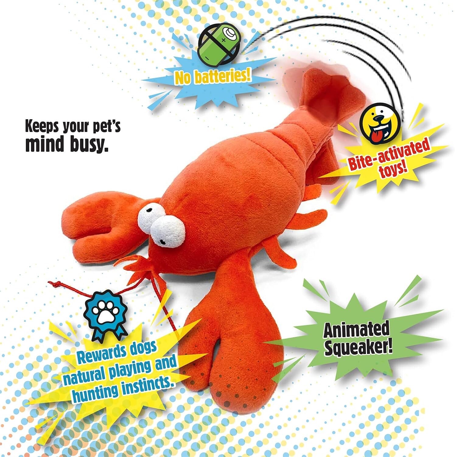goDog Action Plush Lobster Animated Squeaky Dog Toy, Chew Guard Technology – Red