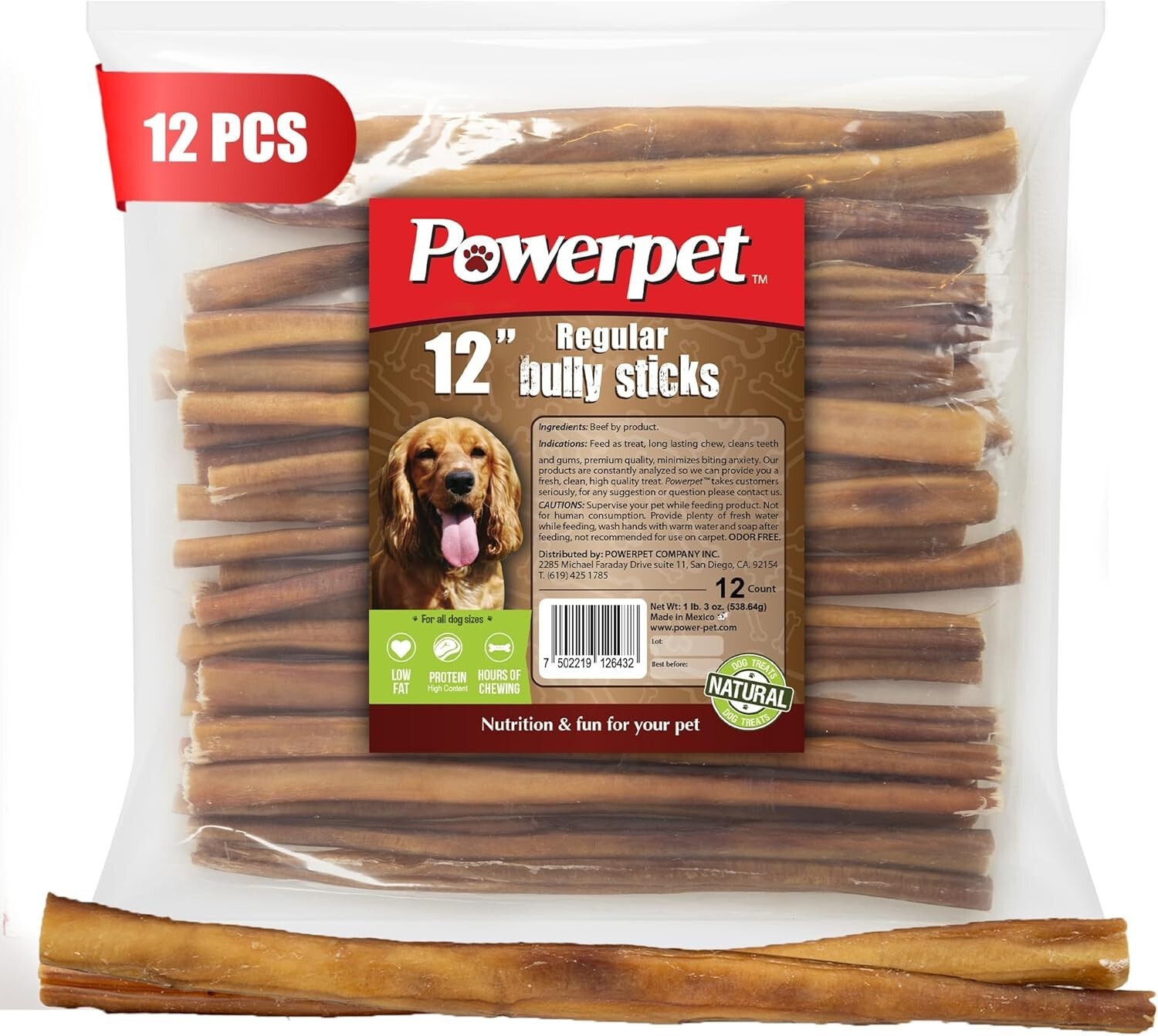 ALL NATURAL Powerpet: Bully Sticks – 12” Standard Bully Sticks- BRC CERTIFIED