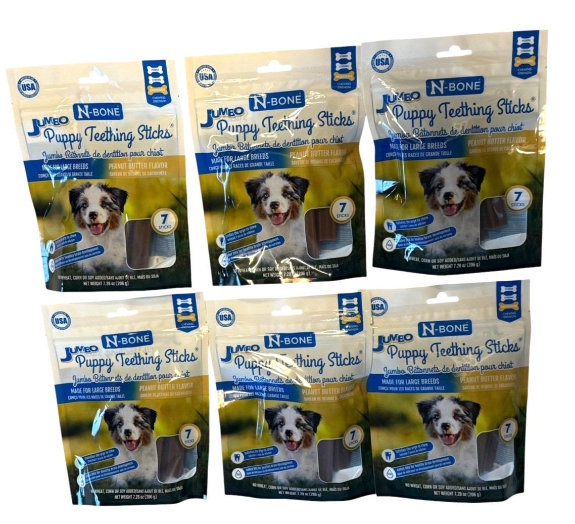 N-Bone Jumbo Puppy Teething Sticks, 6 Bags x 7 Sticks (42) Peanut Butter Ex 6/27