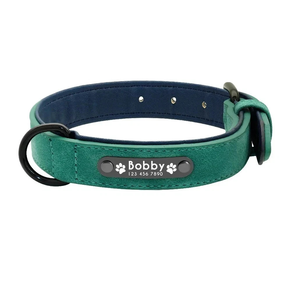 Soft Leather Personalised Dog Collar Custom ID Name for Small Medium Large Dogs
