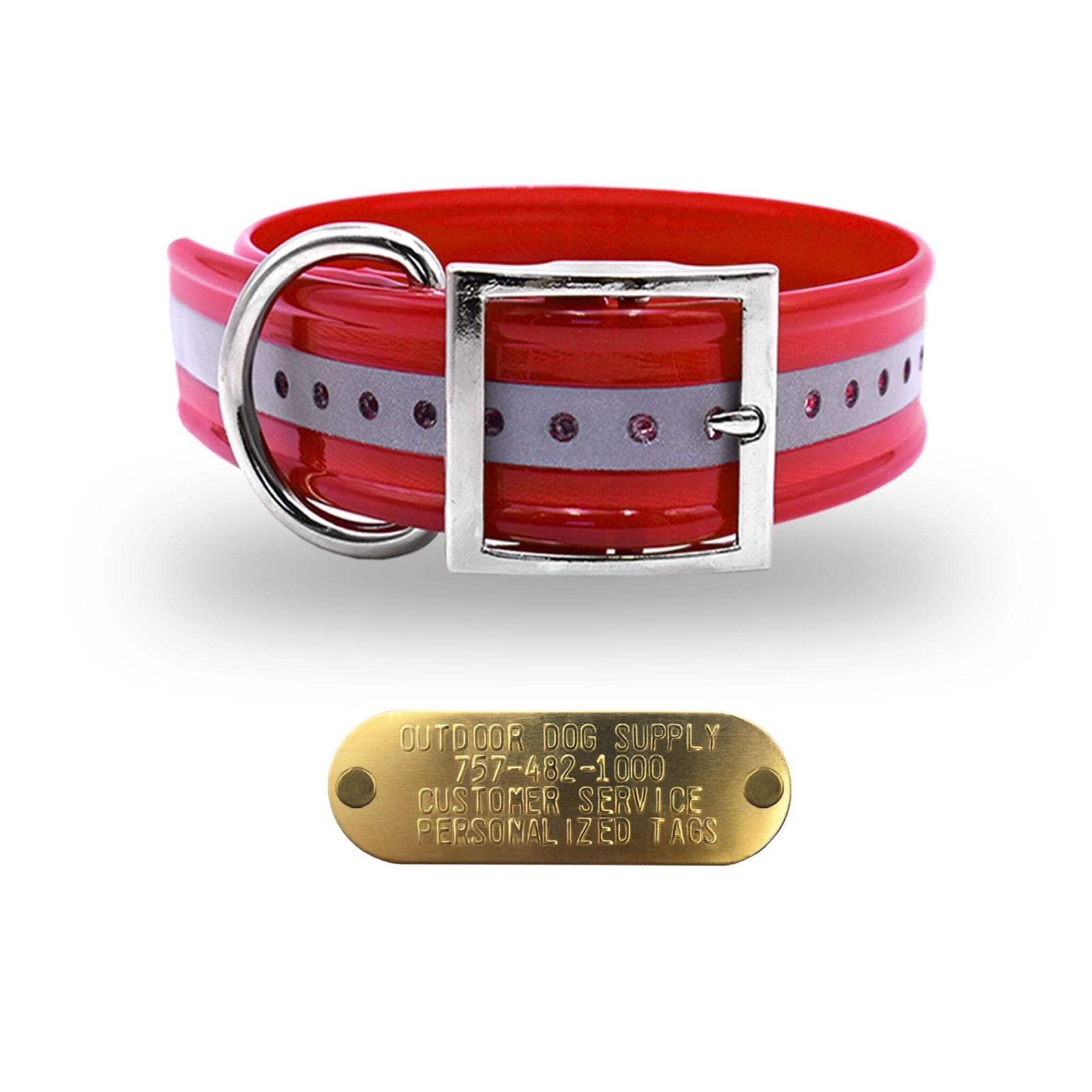1 1/2″ Reflective Premium Glow Tuff D Ring Large Dog Collar with 1″ Brass Name P