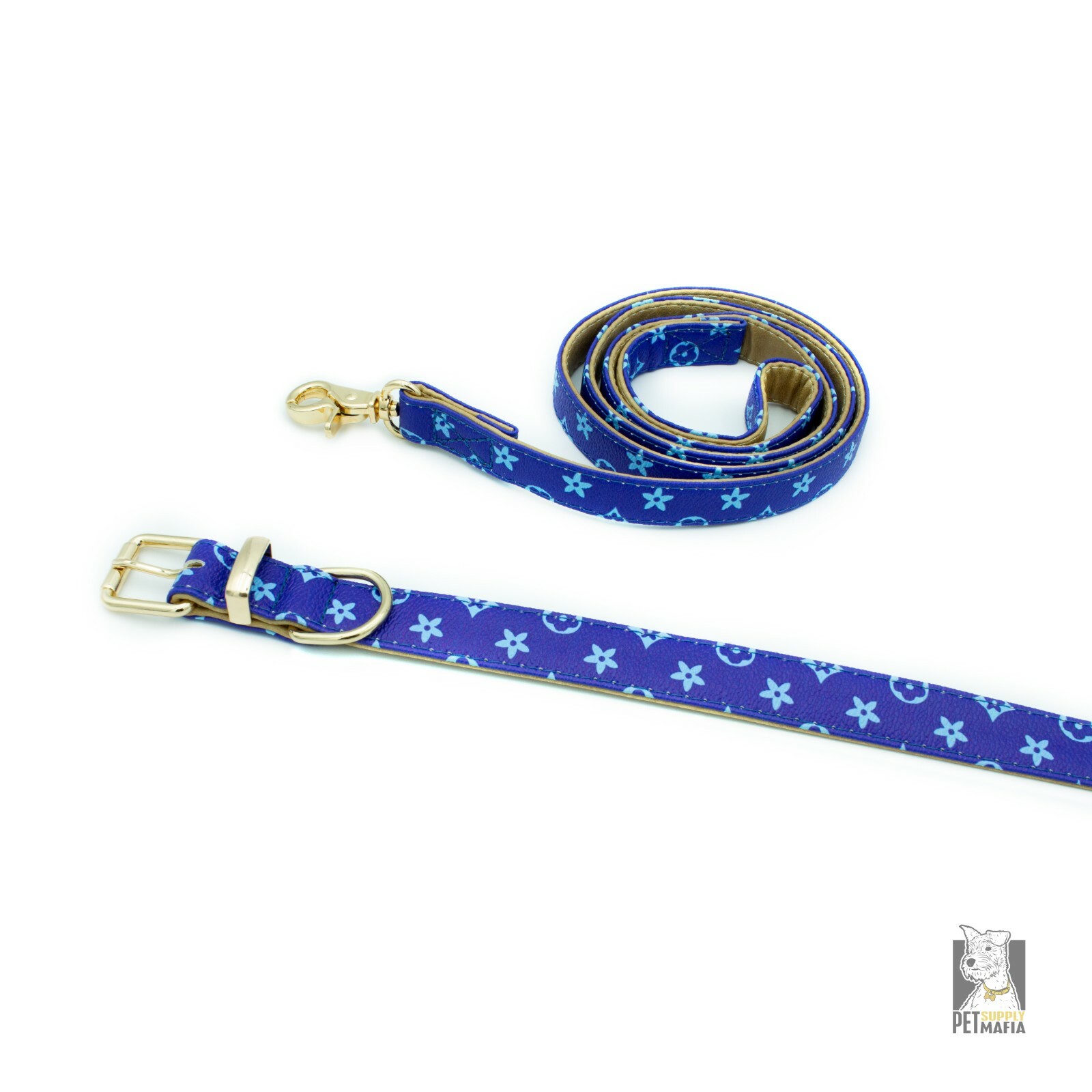 Blue Dog Collar & Leash – Leather Designer Fashion Pet Collar XS, S , M, L , XL