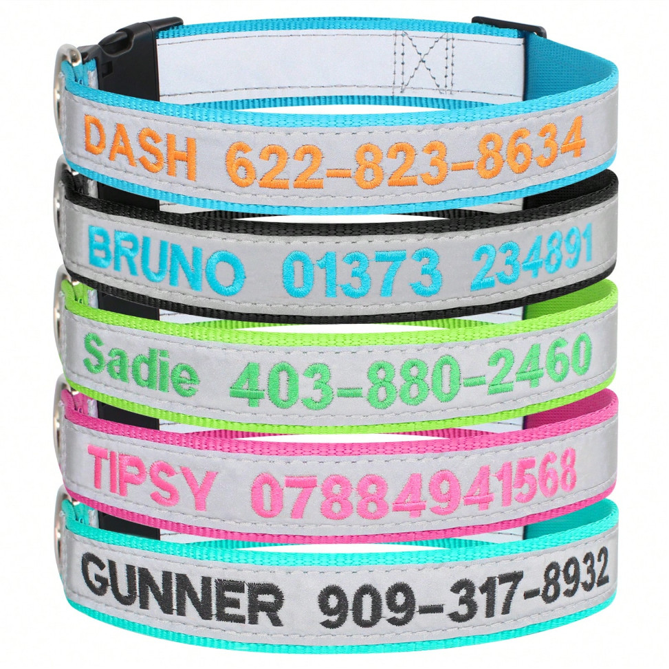 Personalized Reflective Dog Collar Custom Embroidered ID Name Phone Number Nylon