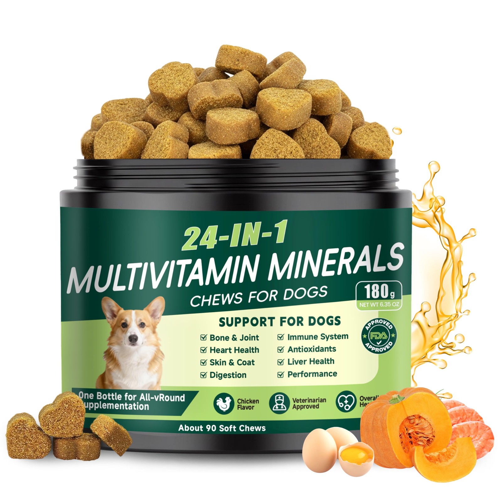 24-in-1 Dog Vitamins and Supplements, Multivitamin Chewable for 90 Chews