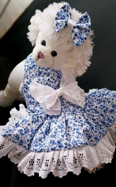DOG HARNESS DRESS W/ MATCHING Hair bow BLUE CALIO NEW HANDMADE FREE SHIPPING