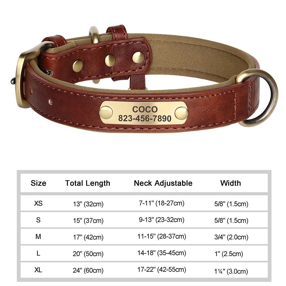 Soft Leather Personalized Dog Collar ID Tag Engraved for Small Medium Large Dogs