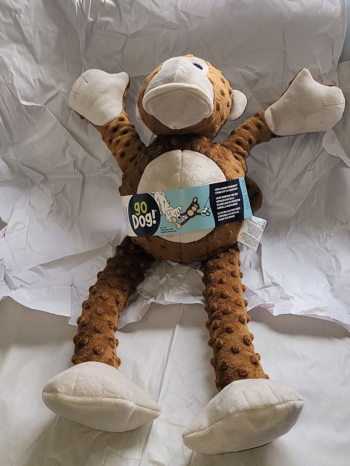 Jumbo Sized Godog Monkey with Chew Guard Technology Squeakers Plush Dog Toy