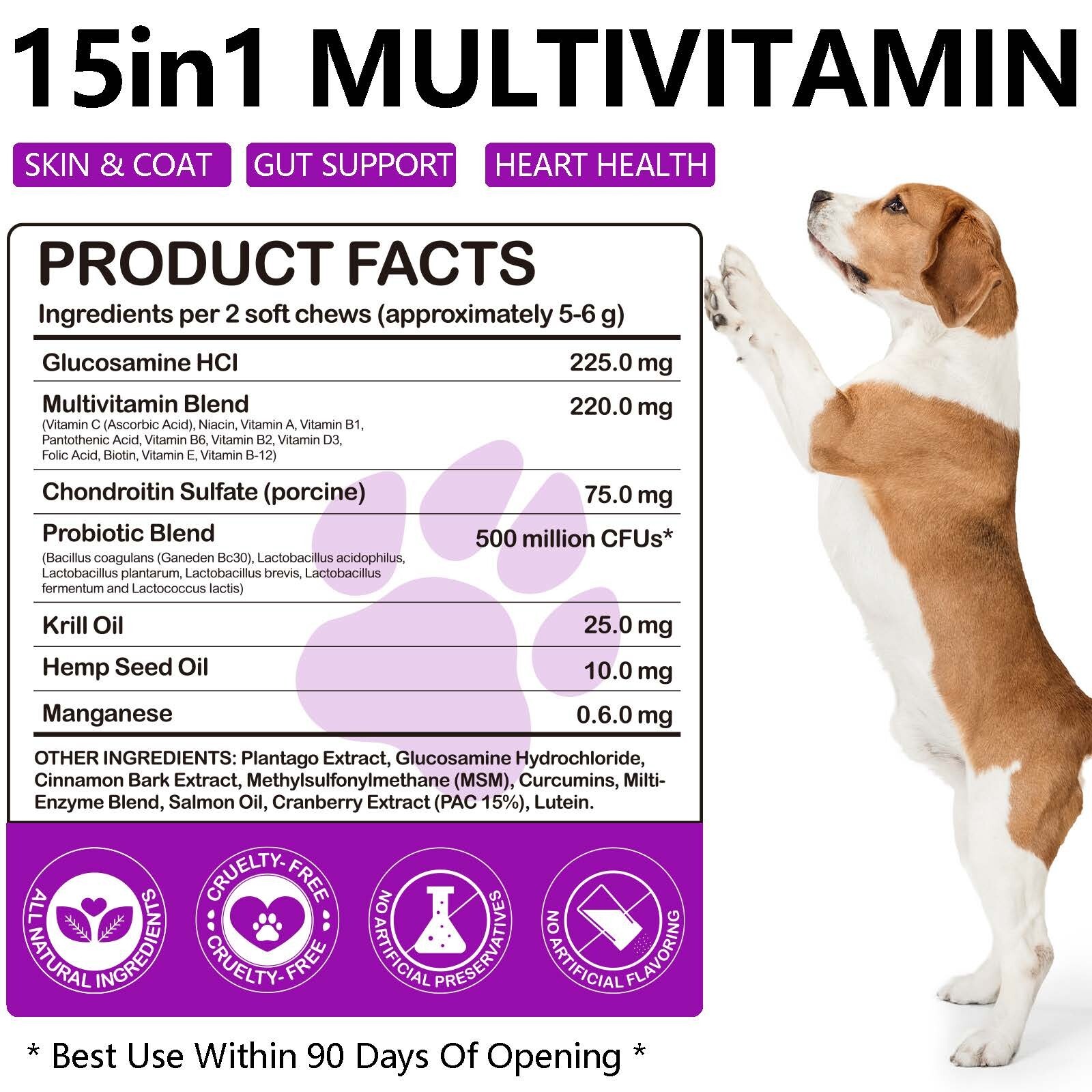 15 in 1 Dog Multivitamins and Supplements, Dog Hip and Joint Supplement,150 Chew