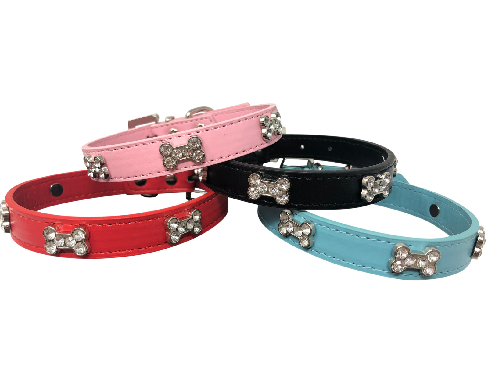 Dog Collar Rhinestone Crystal Bling Bone Adjustable Faux Leather XS S M L