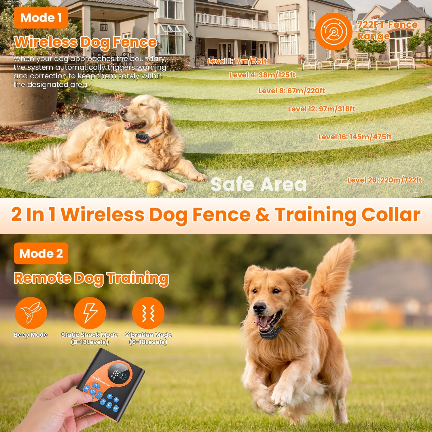 2IN1 Wireless Dog Fence System Pet Containment Boundary Control &Training collar
