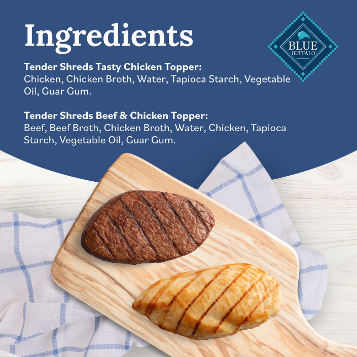 (2 pack) Blue Buffalo Tender Shreds Toppers, Natural Dog Food, 2.5-oz. Pouch, 12
