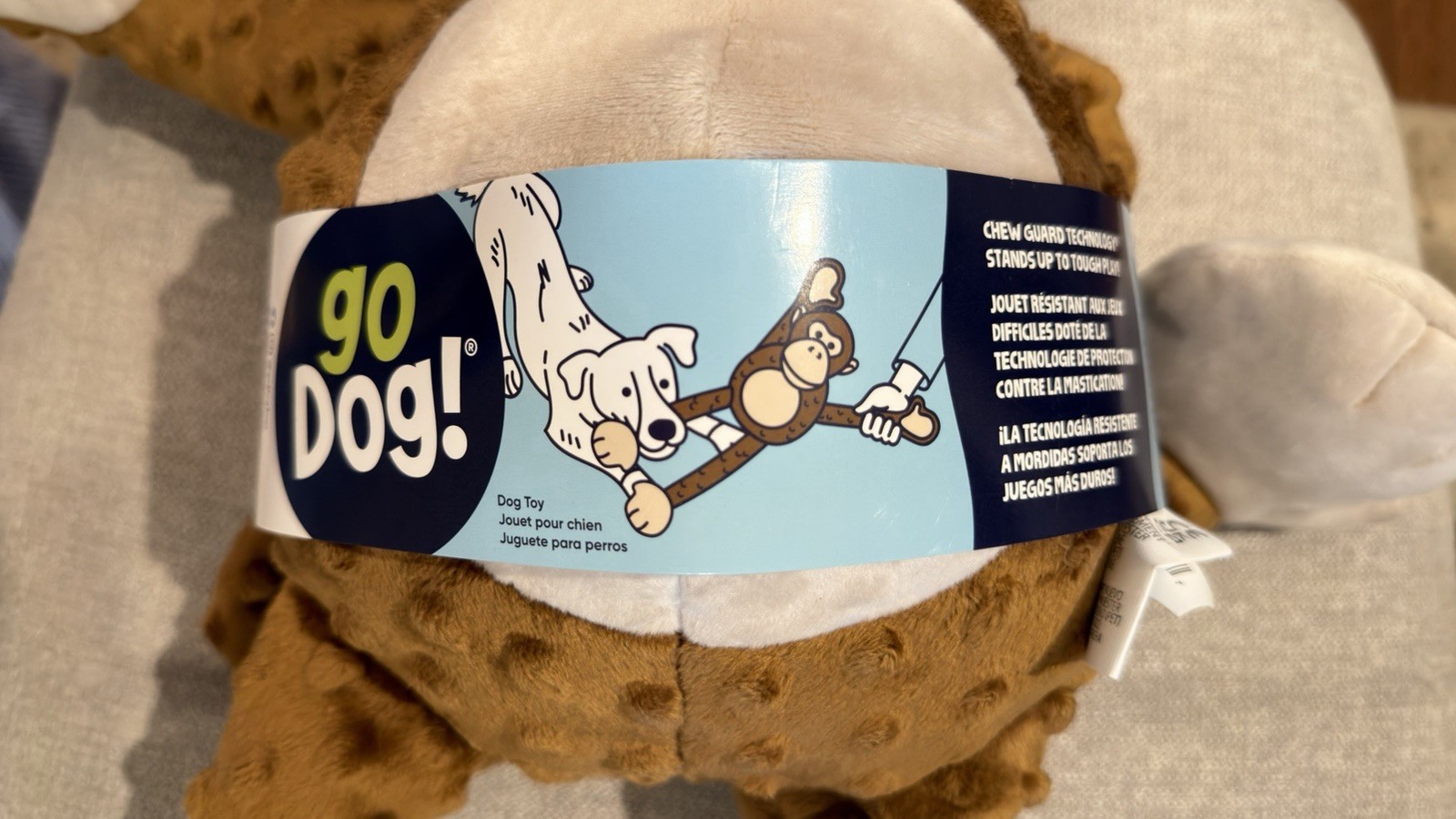 goDog Checkers Plush Monkey Dog Toy with Squeaker Brown Durable Soft Chew Toy