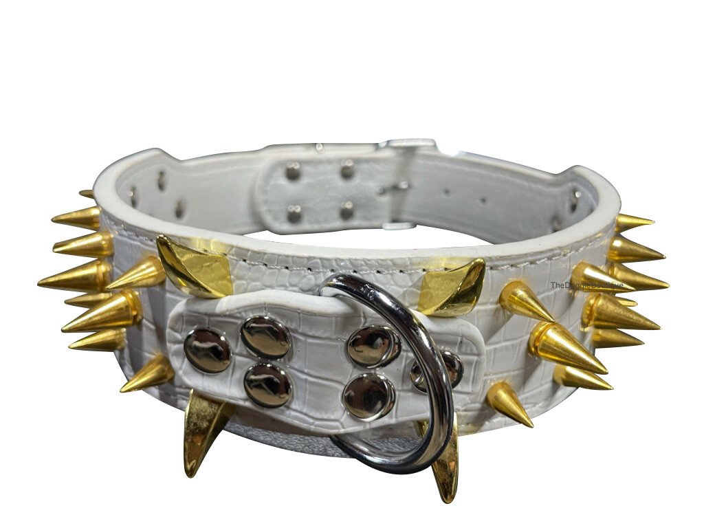 Dog Collar Sharp Gold Spikes Spike Rivet Adjustable PU Leather 2″ wide S M L XL