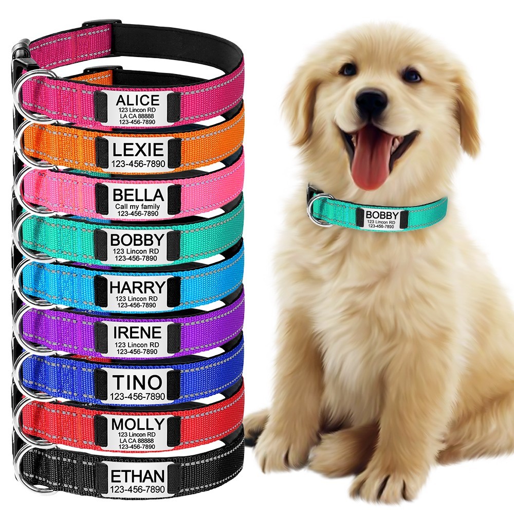 Reflective Nylon Dog Collar Custom Name, Personalized Pet ID Tag Adjustable XS-L