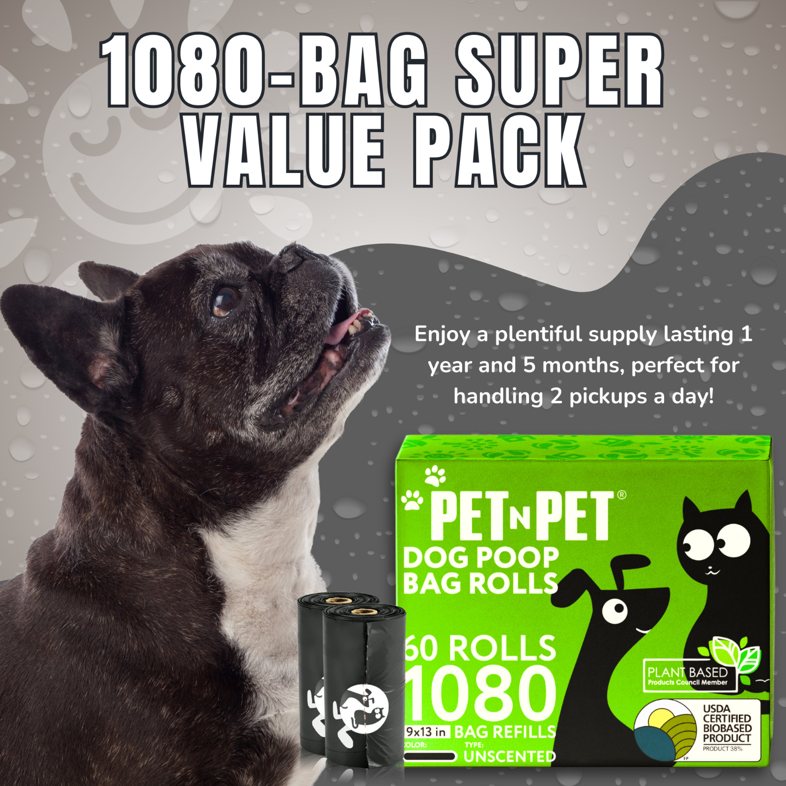 PET N PET 1080 Counts Black Dog Poop Bag Rolls 38% Plant Based 62% PE Waste Bags