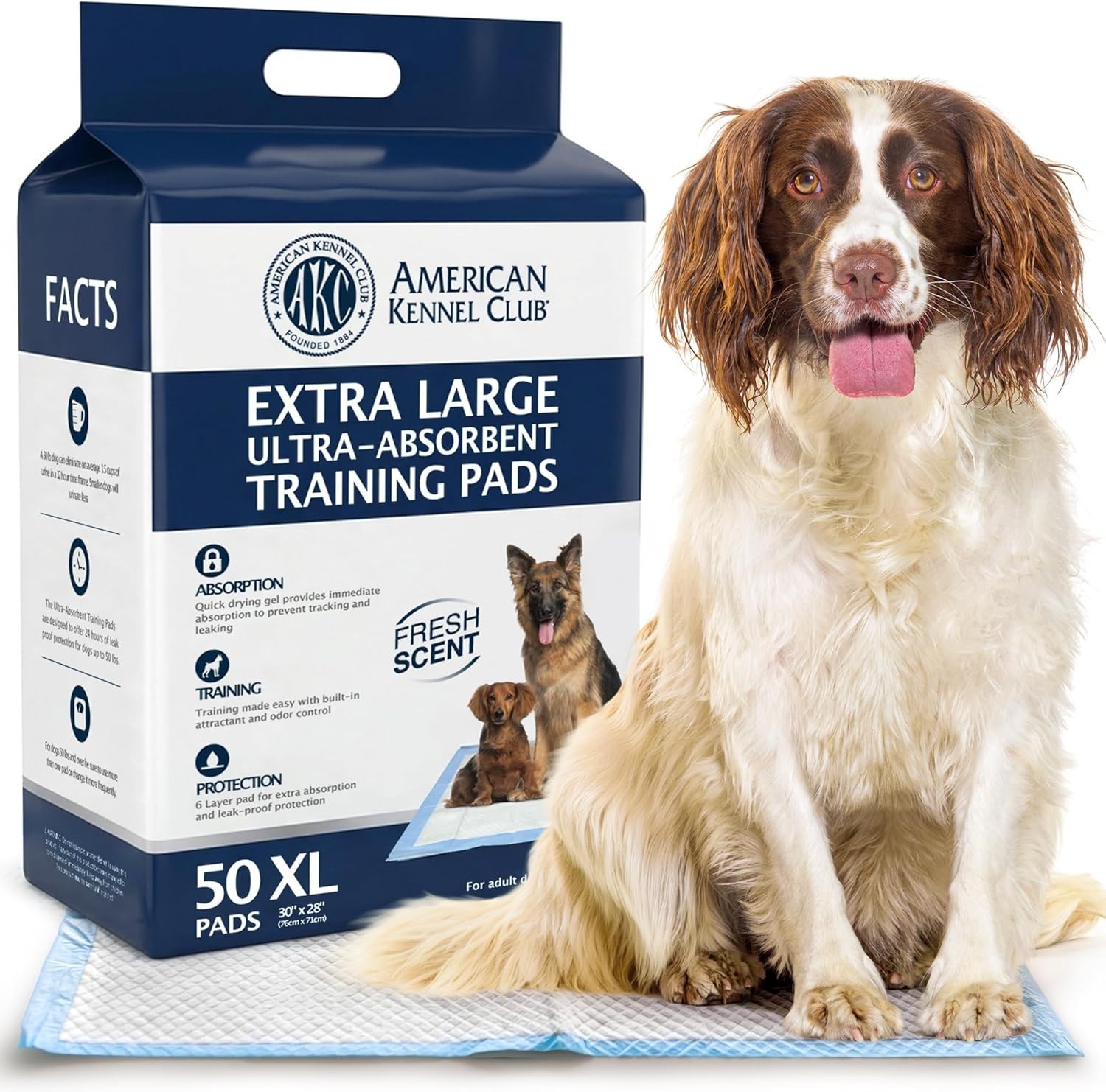 Extra Large 50 Count AKC Training Pads – 28″ x 30″, Odor-Neutralizing Technology
