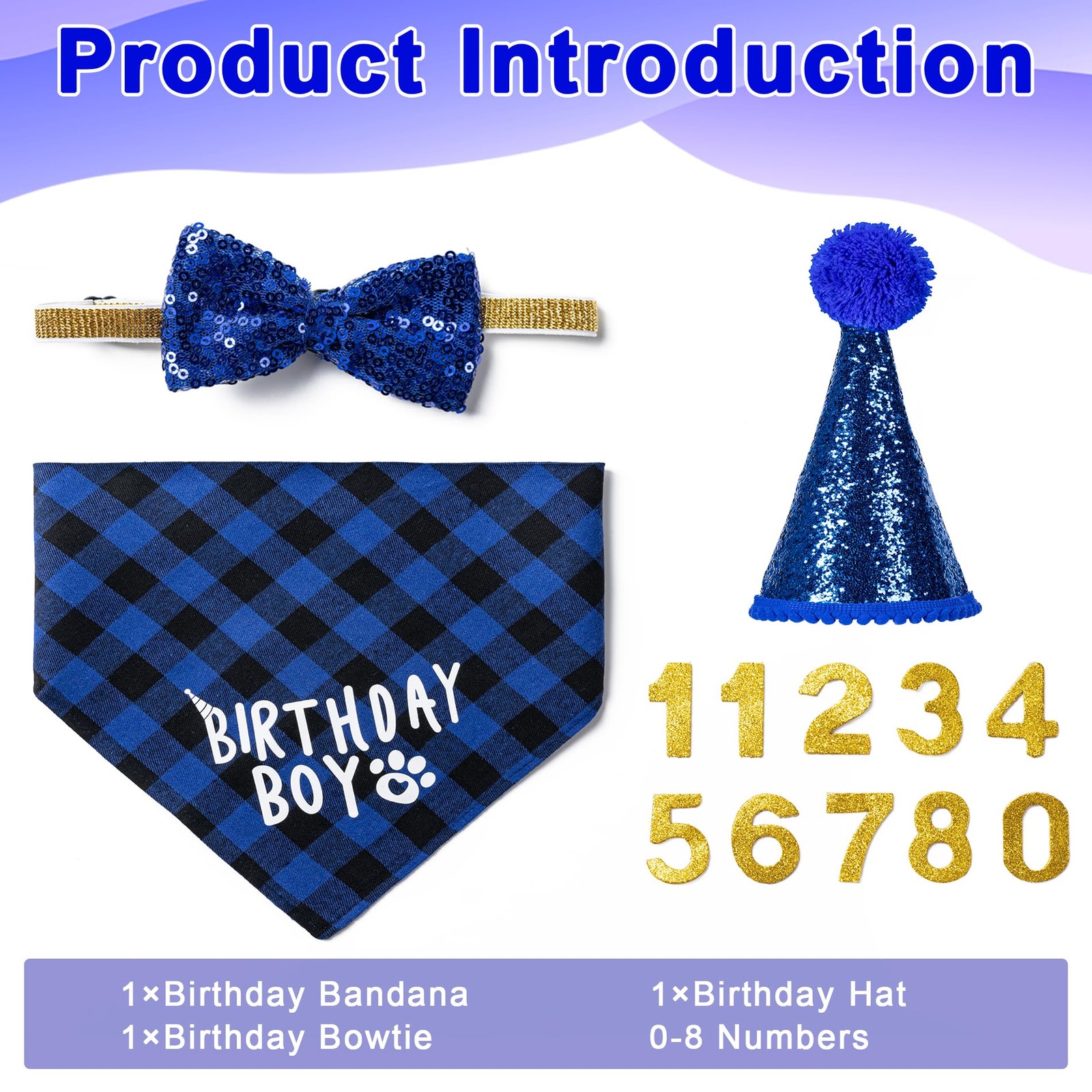 Dog Birthday Party Supplies Bandana Hat Bow Tie 0-8 Numbers Blue X-Large