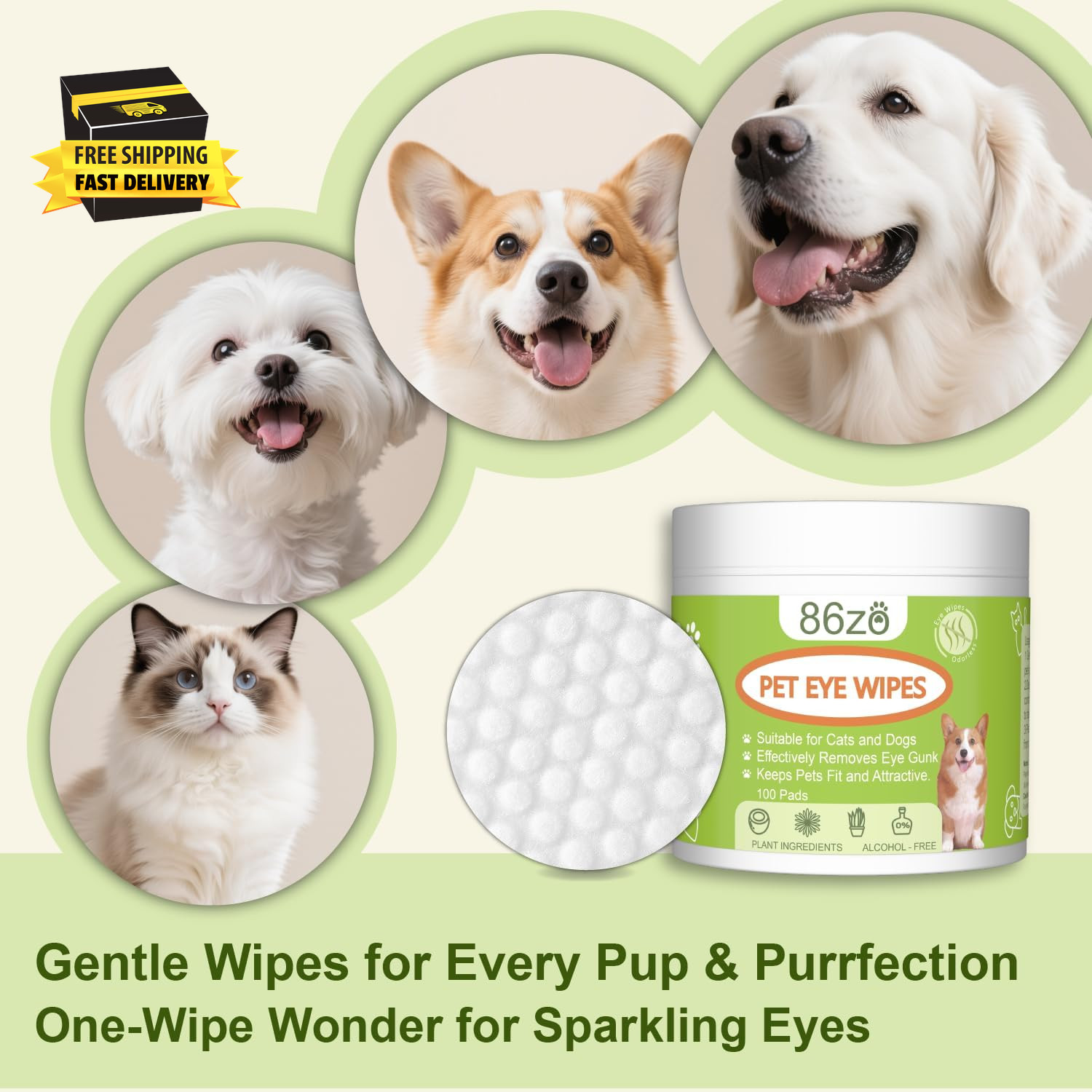 Eyes Wipes for Dogs & Cats – Gently Remove Tear Stain, Debris, Discharge, Crust