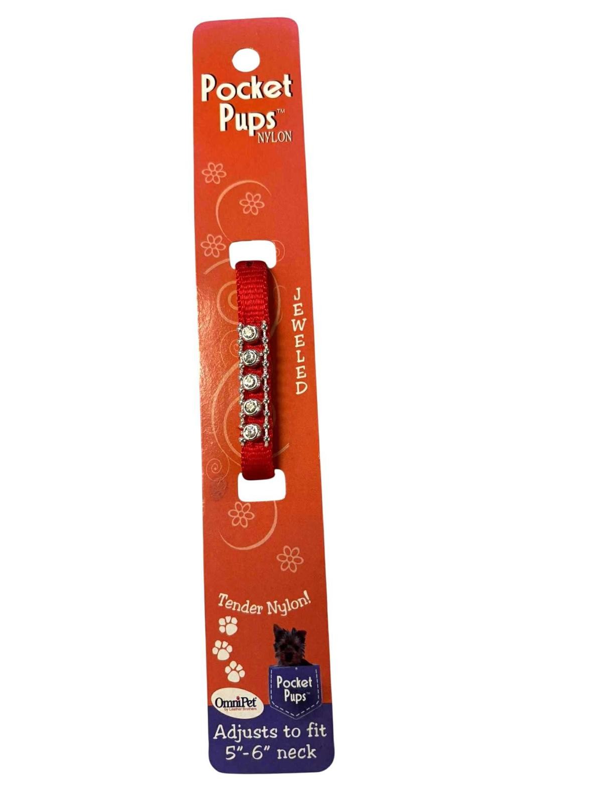 Pocket Pups Jeweled Dog/Cat/Ferret Micro Pet Collar Xtra-Small 5″-6″ Neck Red