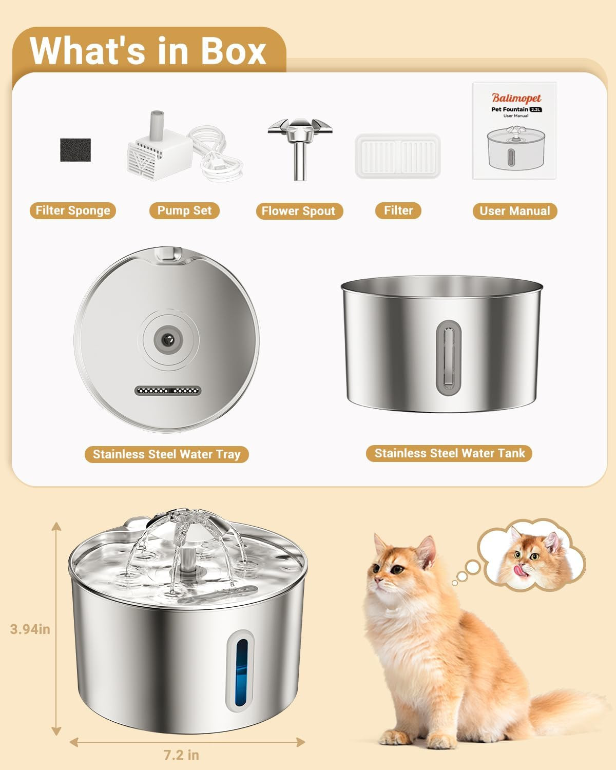 Stainless Steel Cat Water Fountain 74oz Automatic Pet Dispenser