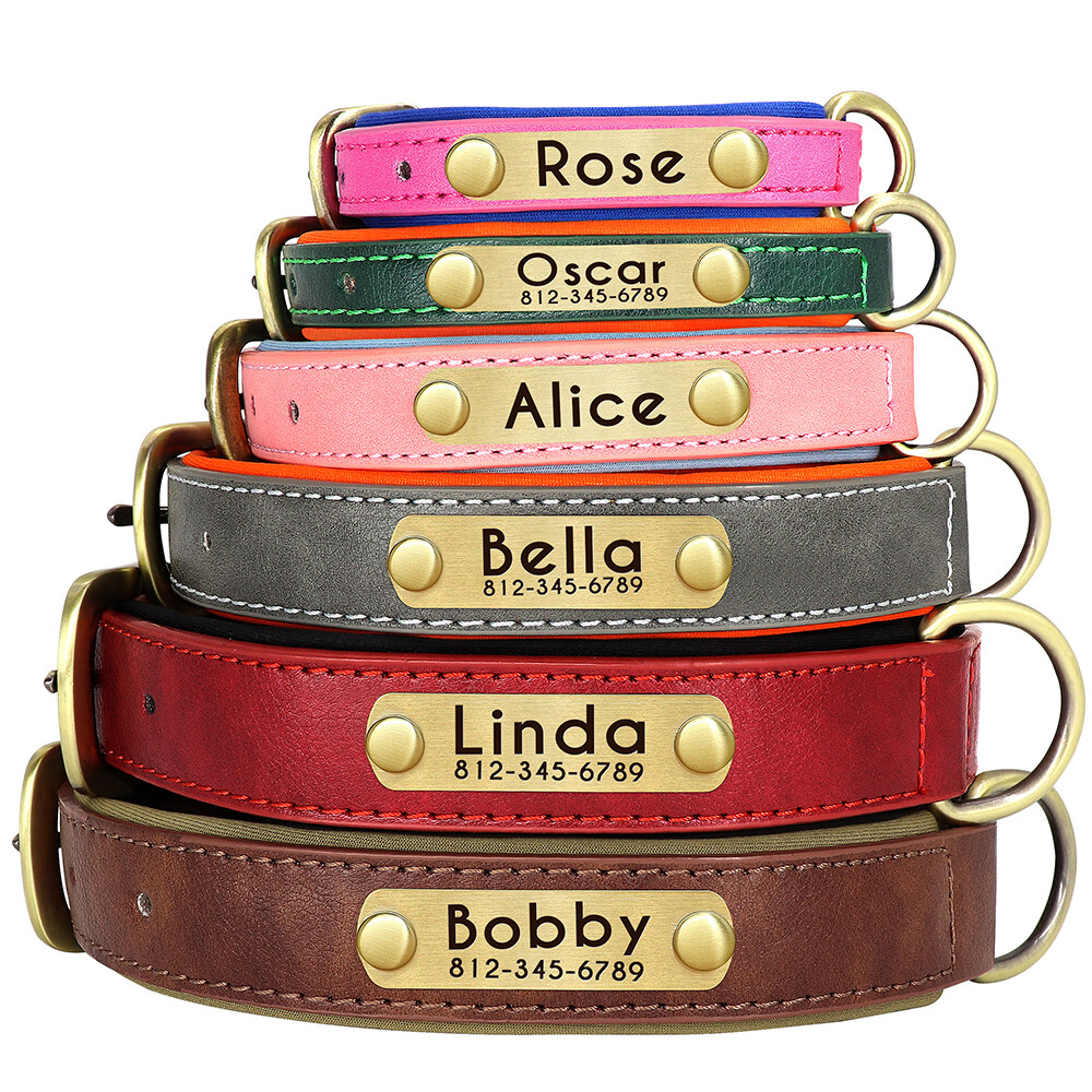 PERSONALIZED Soft Leather Dog Collar Custom Puppy Cat Name Free Engraved XS-XL