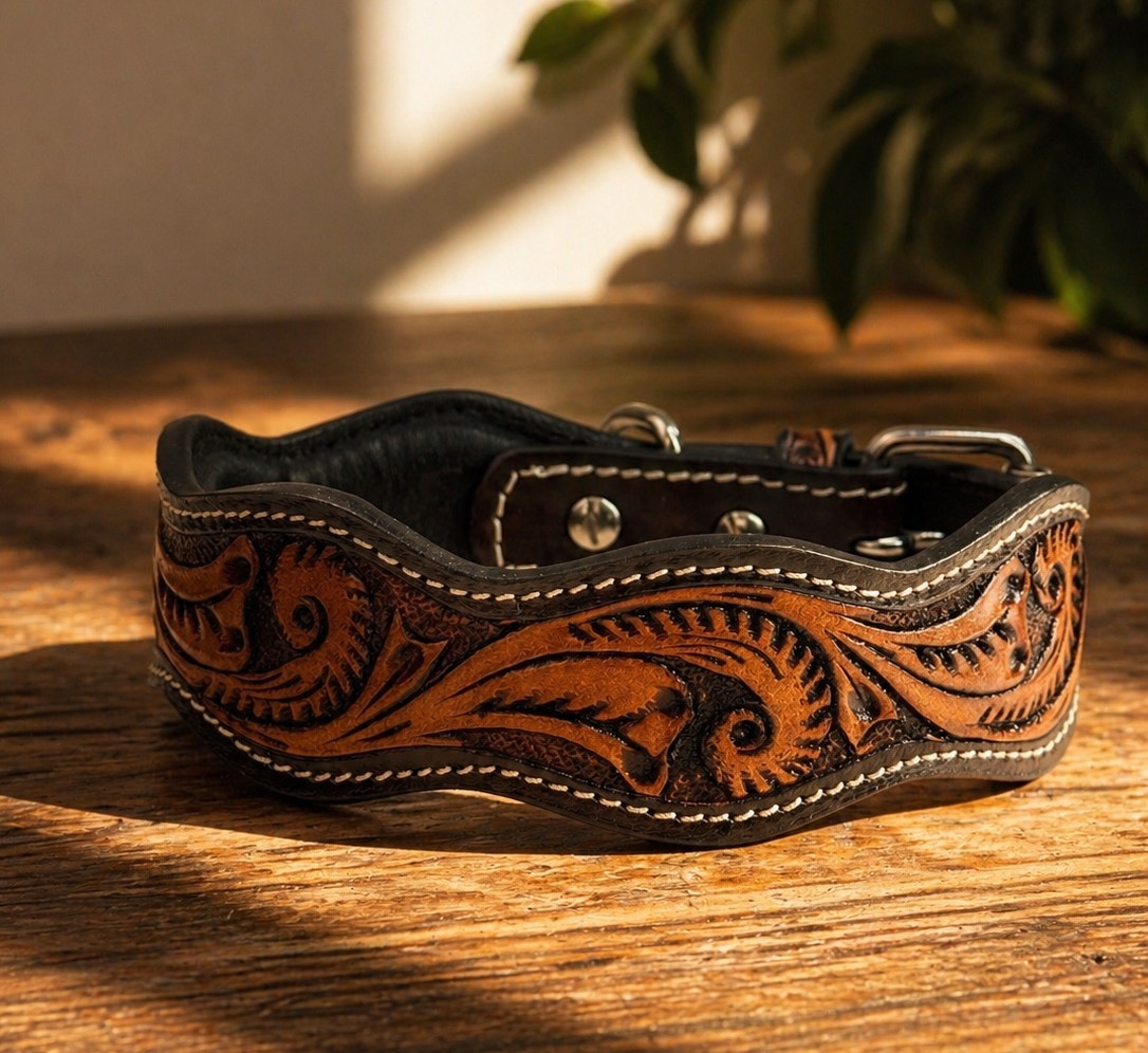 Western Leather Handmade Pet Dog Collar Heavy Duty Hand Tooled Adjustable