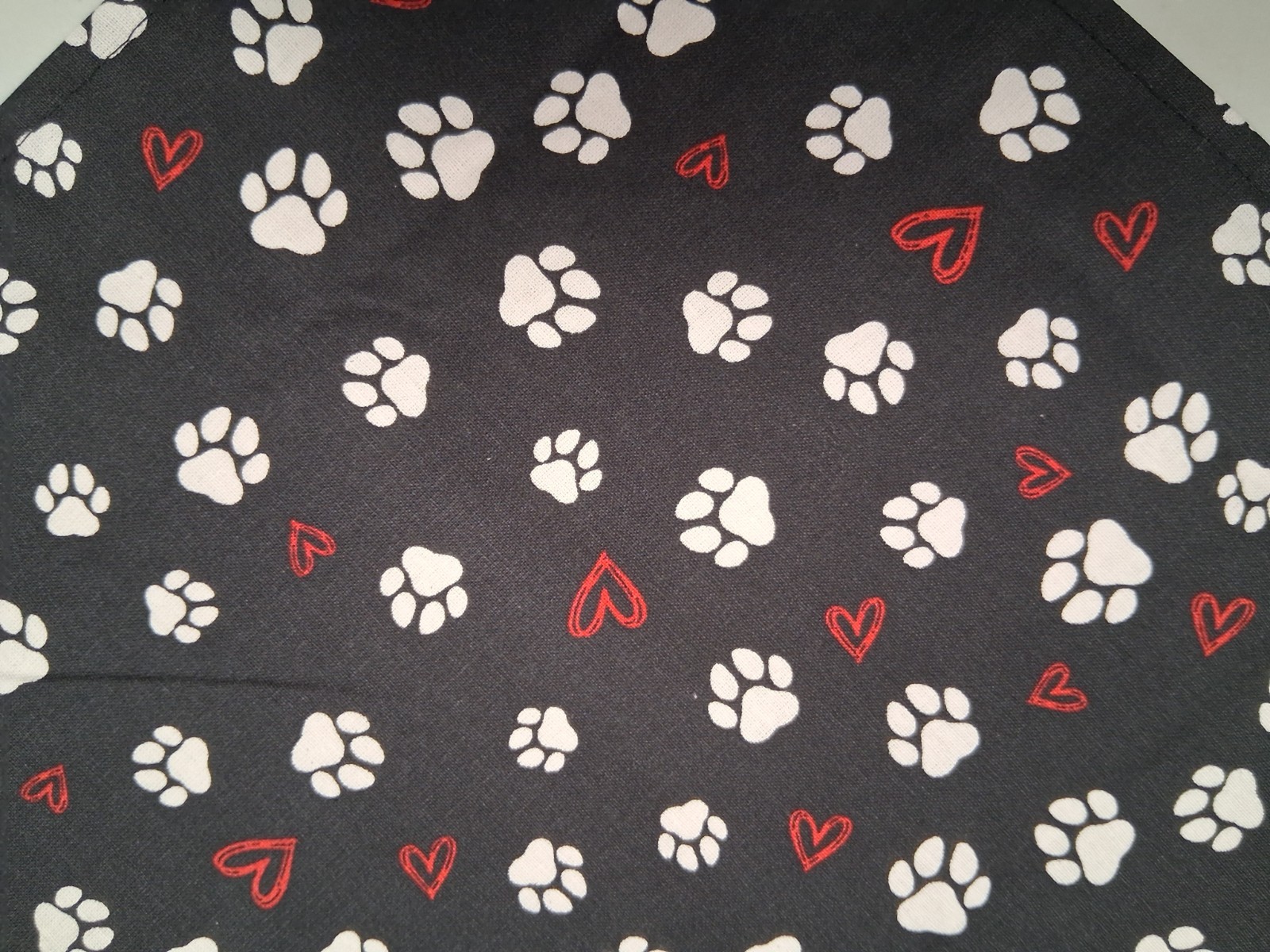 Dog Bandana/Scarf, Tie On, Black, White Paw Prints, Red Hearts, XS, S, M, L
