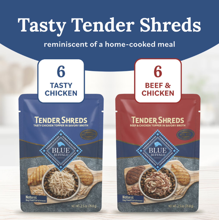 (2 pack) Blue Buffalo Tender Shreds Toppers, Natural Dog Food, 2.5-oz. Pouch, 12