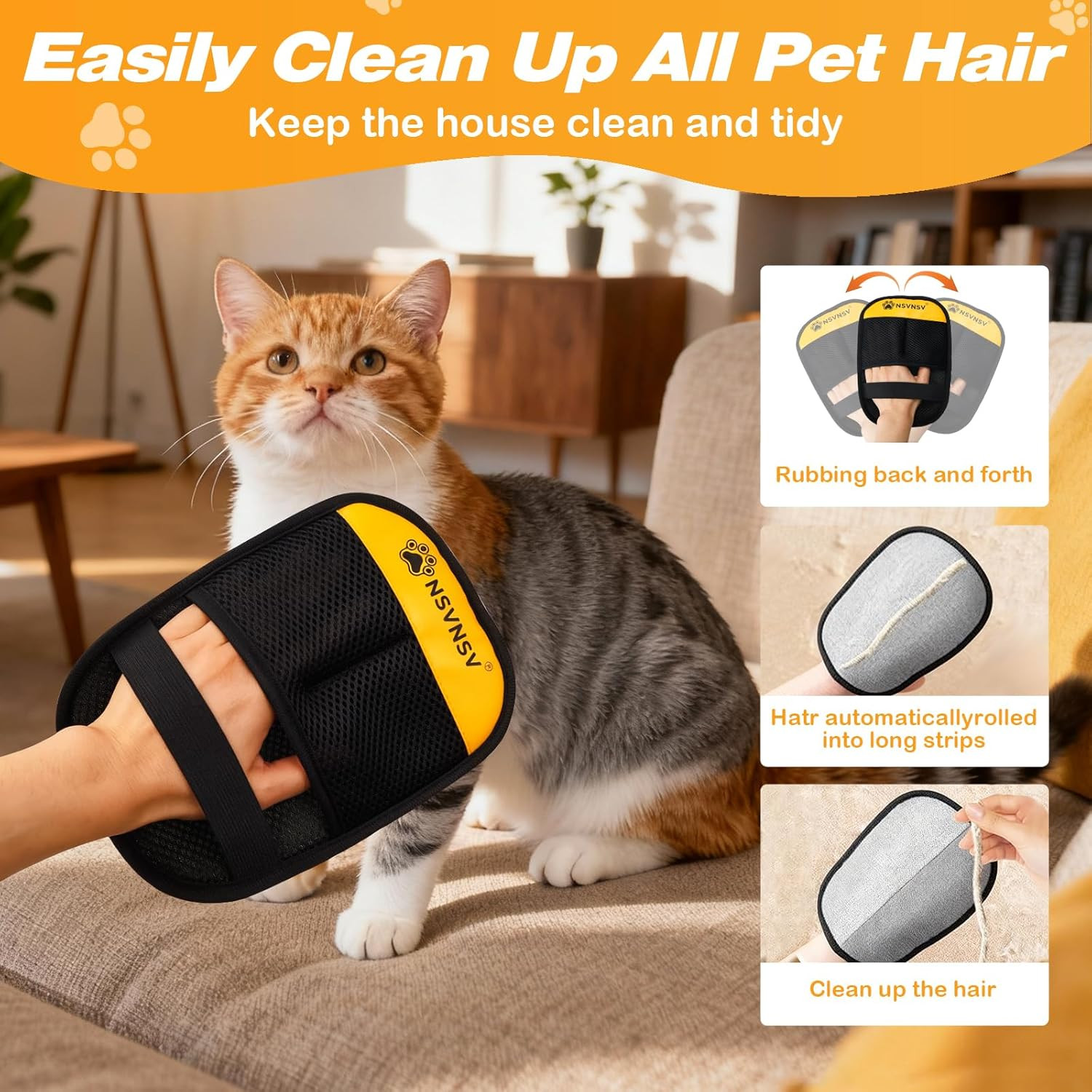 Pet Hair Removal Glove for Cats Dogs, Washable Reusable Animal Fur Removal Tool,