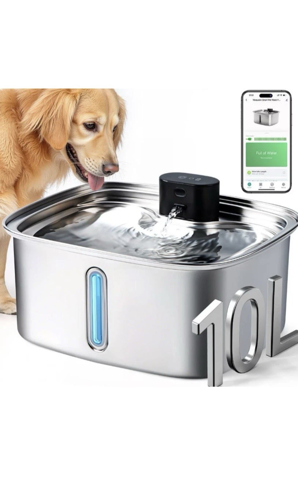 Vacqueen Smart Stainless Steel Dog Water Fountain, Silver, 10-L