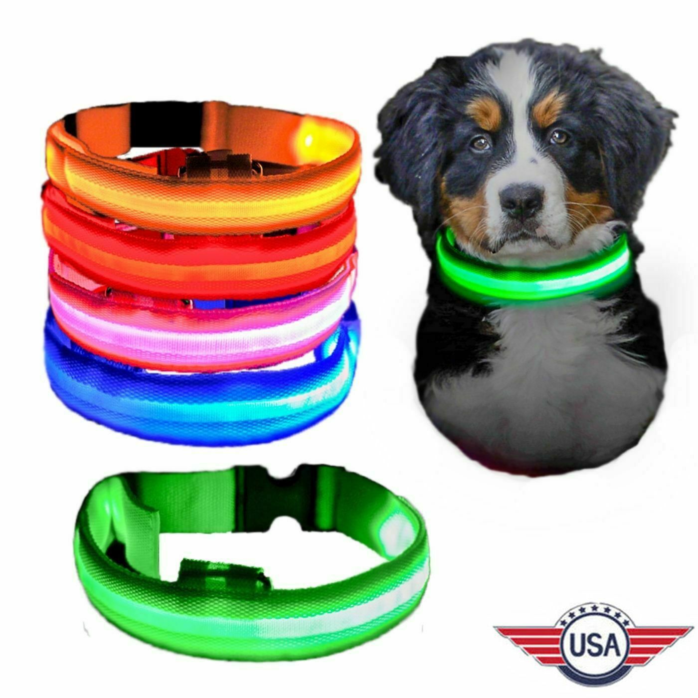 USB Rechargeable LED Dog Light Up Safety Collar Night Glow Adjustable Bright USA