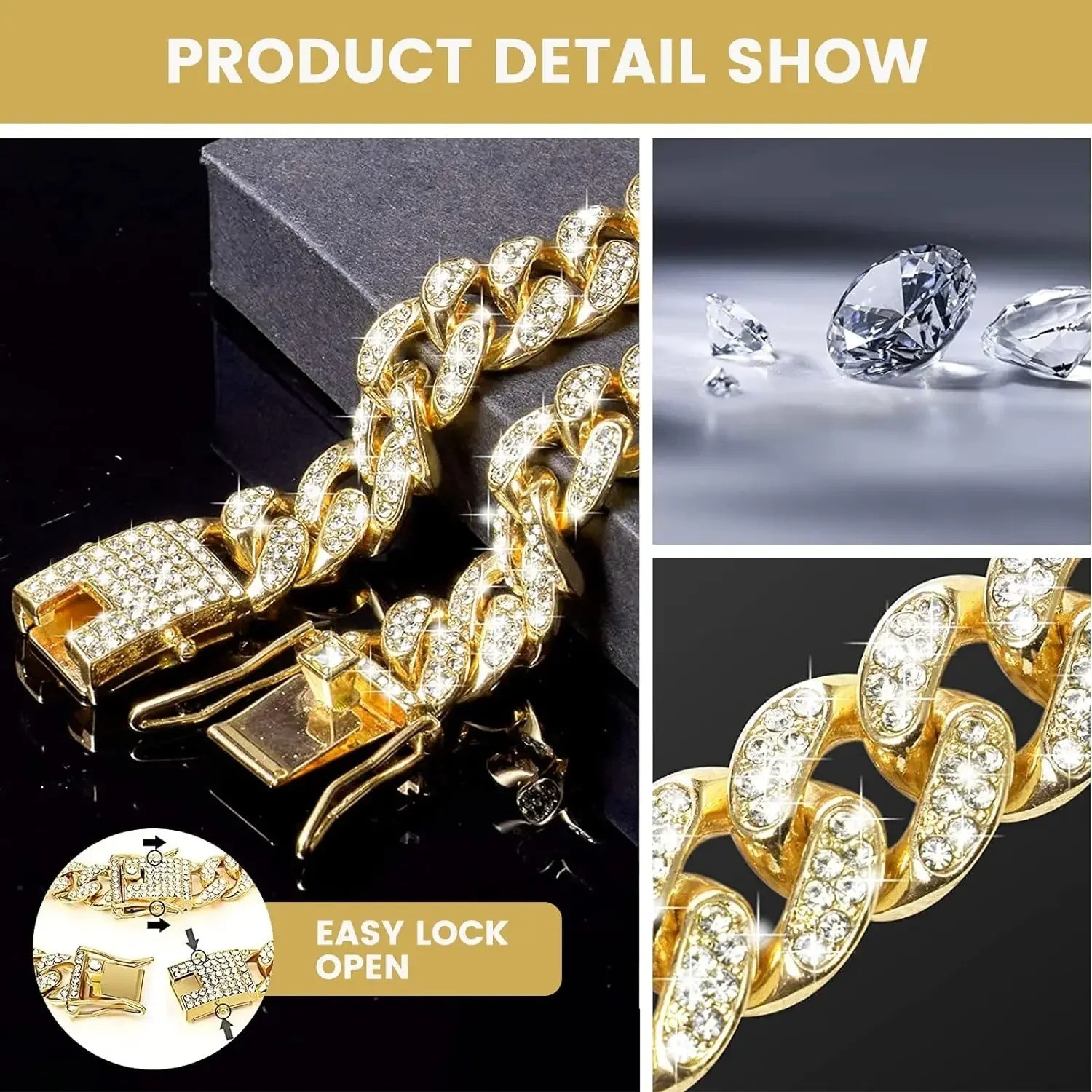 Dog Diamond Cuban Chain Collar Metal Pet Necklace w/ Secure Buckle Cat Jewelry