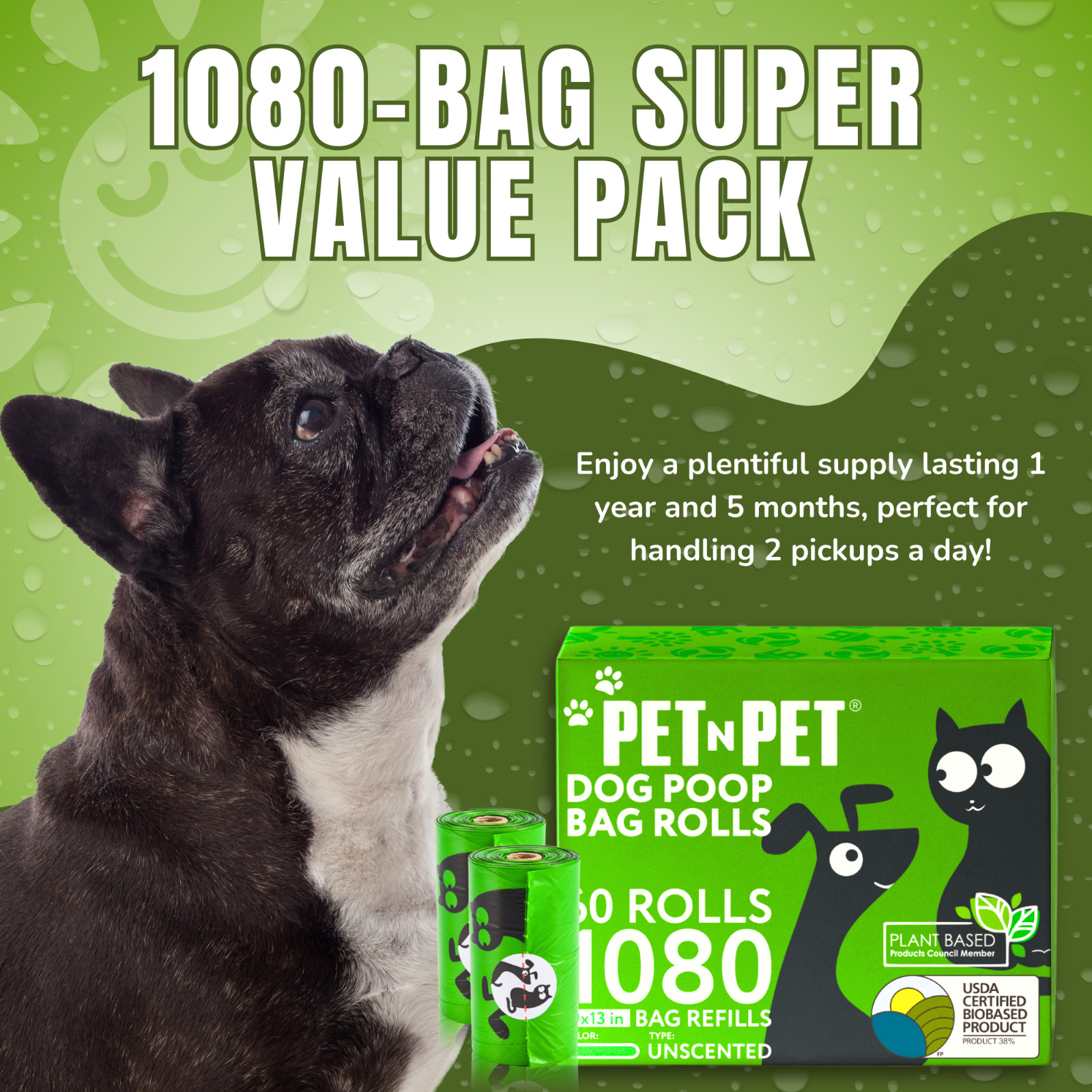 Pet N Pet 1080 Counts Green Poop Bags for Dogs, 38% Plant Based